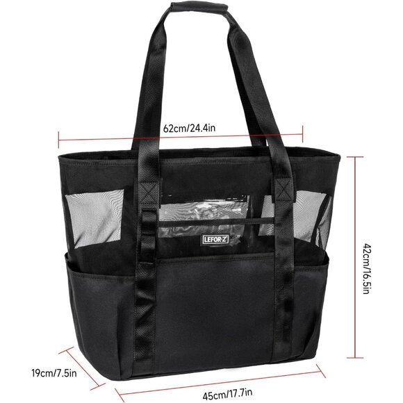 Women's Black Mesh Beach Tote Waterproof Sandproof Foldable Beach Bag - Picture 7 of 8